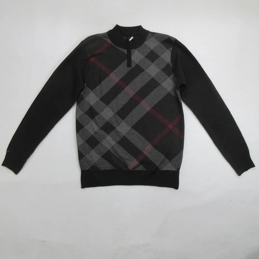 Studio by Omega Sweater M Pullover Quarter Zip Mock Neck Black Plaid Check
